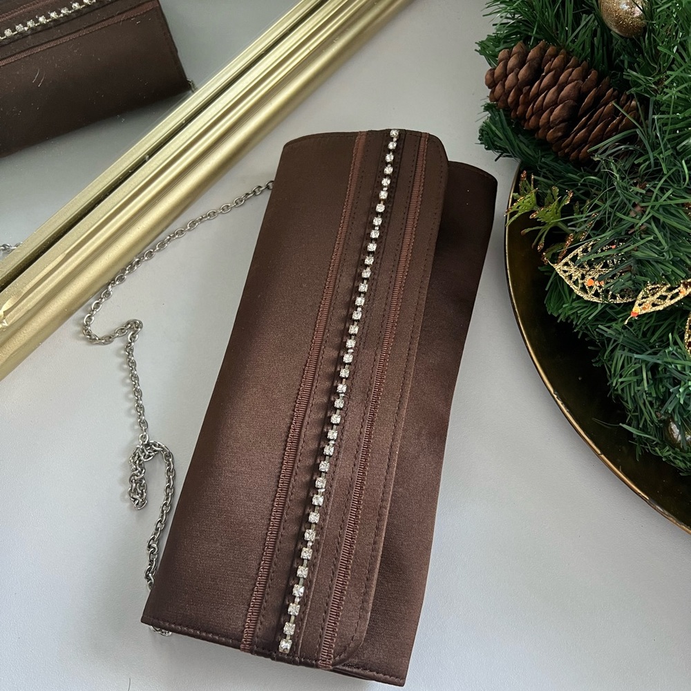 Used once -Debut satin brown clutch/shoulder bag with rhinestones
